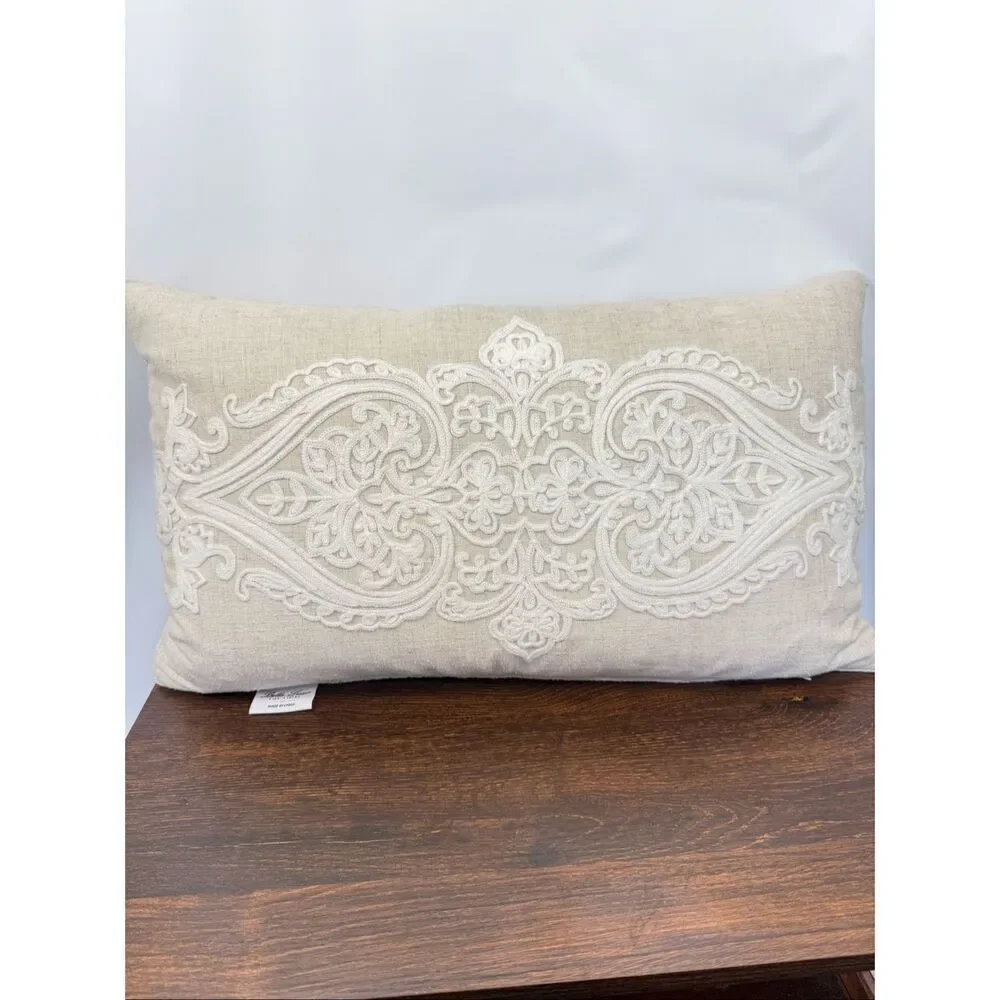 Bella Lux Fine Linens embroidered feather rectangle pillow 14x23'